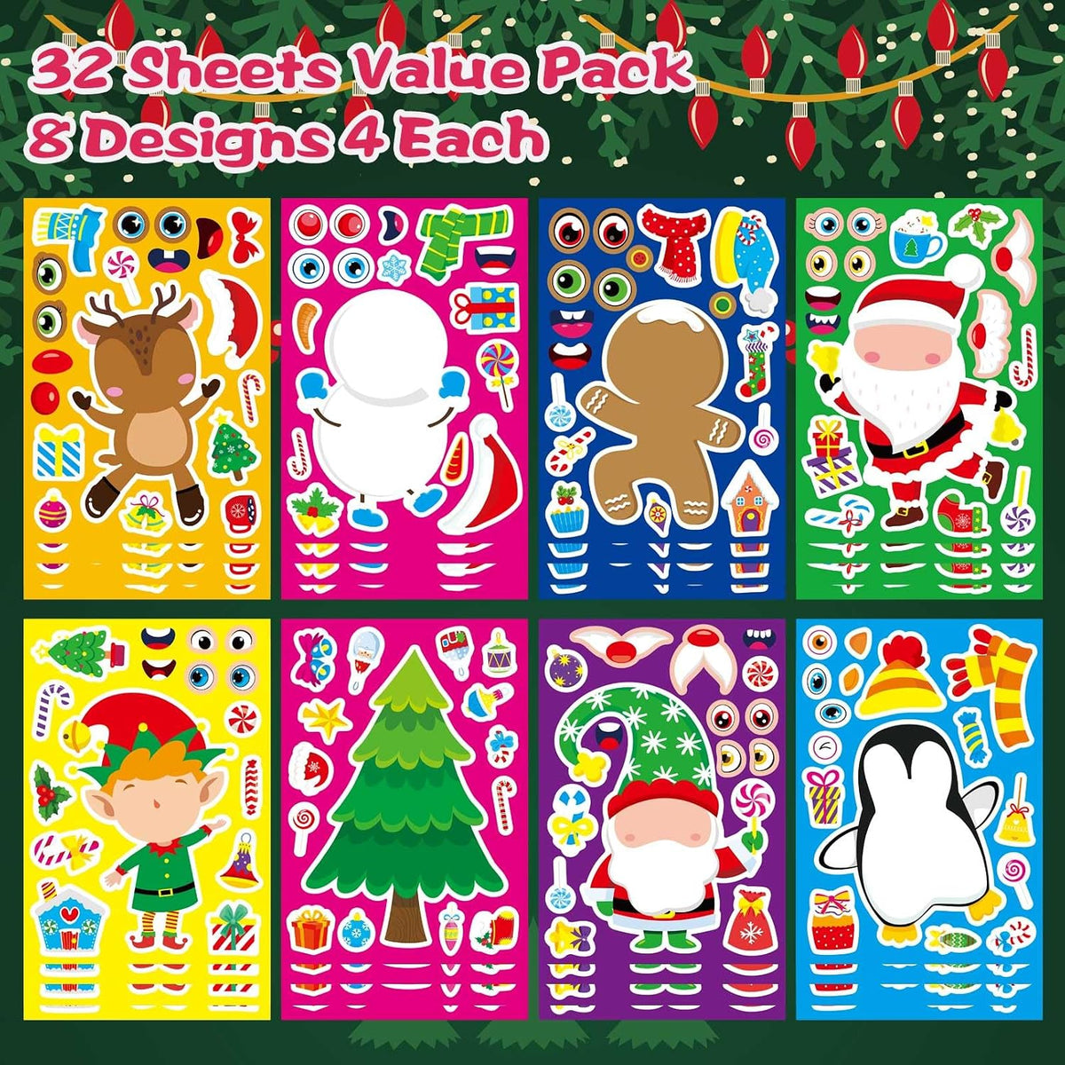 32 Sheets Christmas Stickers for Kids, Make Your Own Sticker, Kid Christmas