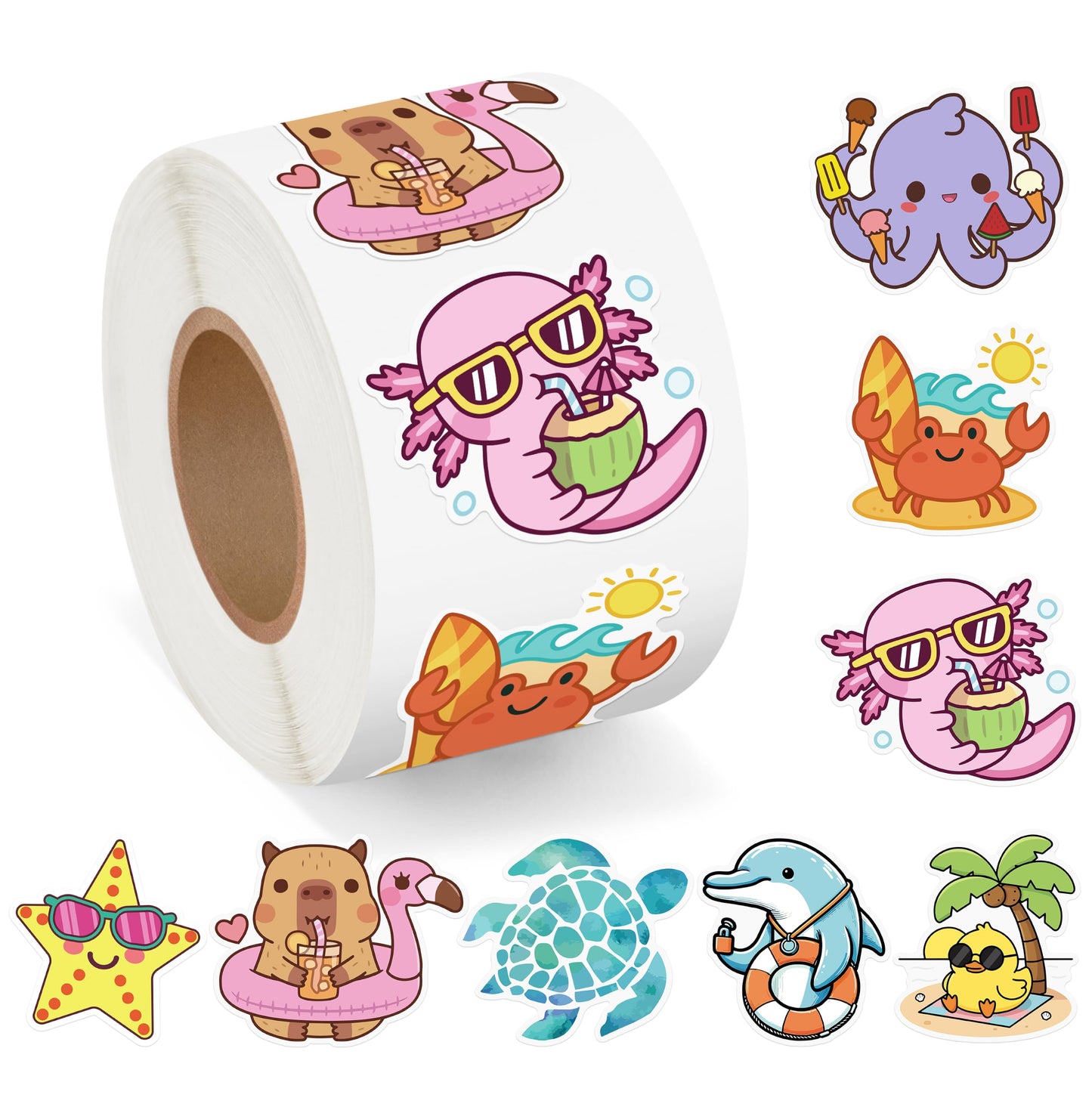 500Pcs Summer Animal Stickers Roll Cute Cartoon Capybara Sea Trutle Self Adhesive Labels Teacher Rewards Scrapbooking Envelope Seals Hawaiian Tropical Holiday Party Favors DIY Crafts Gifts for Kids