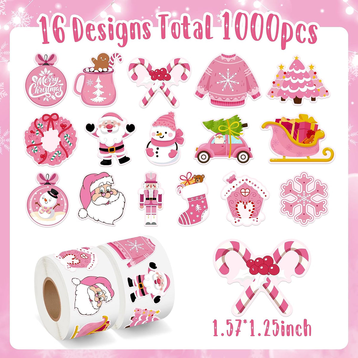 1000Pcs Pink Christmas Stickers Rolls Xmas Tree Santa Claus Nutcracker Snowman Self-Adhesive Decals Winter Wonderland Festive Holiday Party Favors DIY Crafts Gift Bottles Scrapbook Decor, 16 Designs