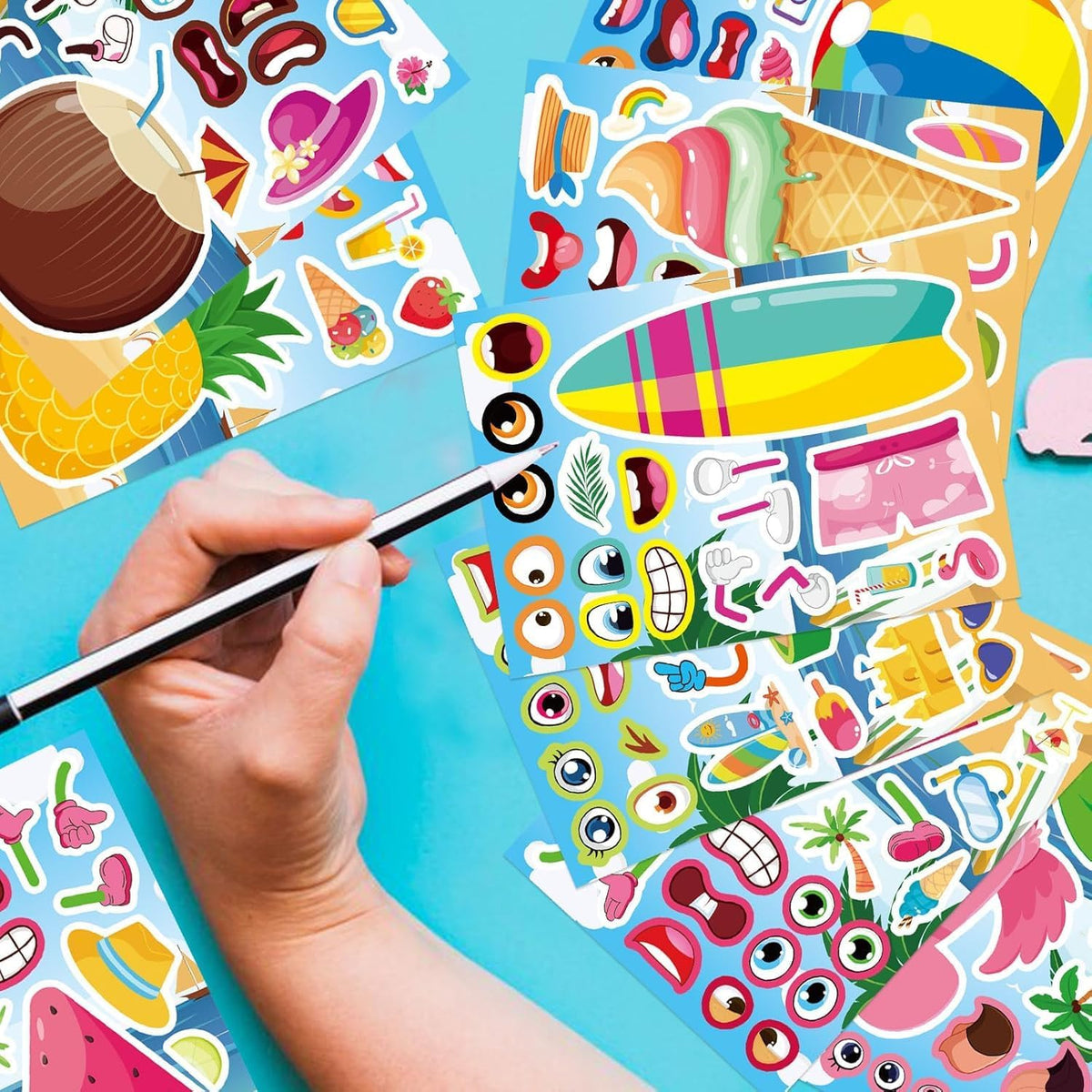 32 Sheets Summer Stickers for Kids, Make a Face Sticker Hawaii Tropical Pool Beach Stickers, Make Your Own Watermelon Pineapple Flamingo Sticker for Tropical Luau Party, Summer Holiday Party Favors