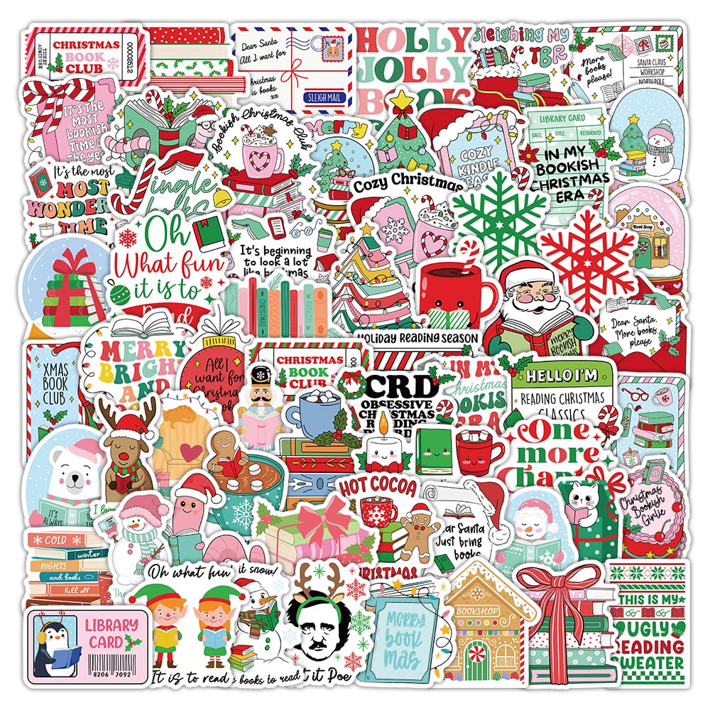 107Pcs Christmas Bookish Stickers Pack, Xmas Waterproof Vinyl Holiday Decals for Kindle, Water Bottles, Laptop, Cards, Scrapbook, Journal, Reading Gifts, Book Lover Gifts, Christmas Party Favors