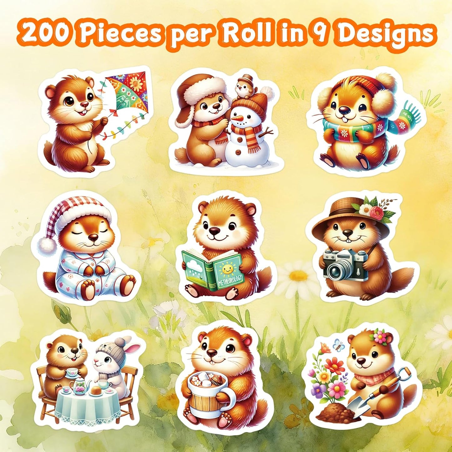 Fancy Land Groundhog Stickers Roll Happy Groundhog Day Sticker Decals Perforated for Spring Scrapbook Journal DIY Crafts Classroom Rewards Holiday Party Gift Bag Decorations 200Pcs