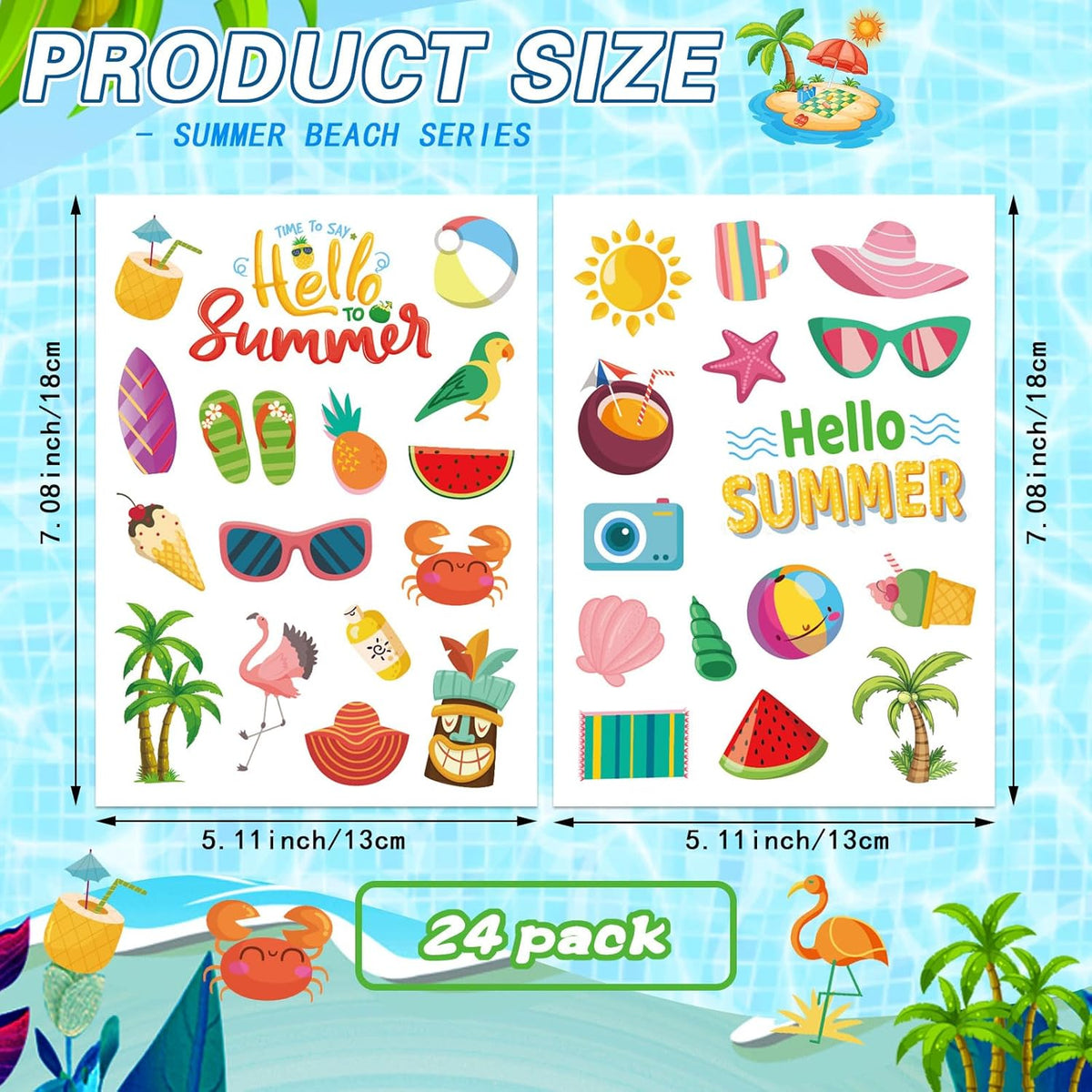 24 Sheets Summer Pool Beach Stickers Luau Hawaii Sun Stickers Beach Watermelon Beer Ice Cream Pineapple Sticker for Hawaii Tropical Party Decoration Sticker Summer Holiday Party Favors