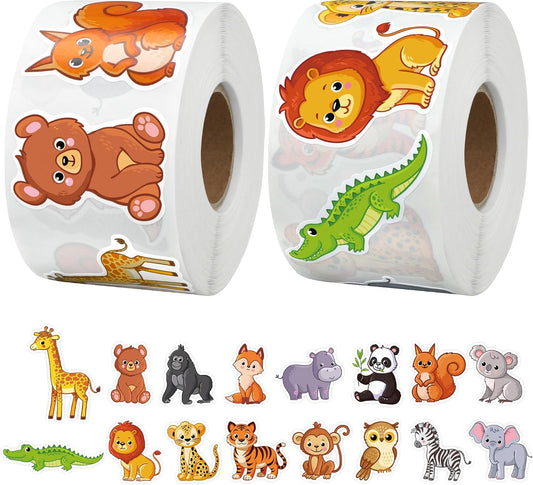 1200 Pcs Safari Animal Stickers Roll 1.5" Cartoon Jungle Animal Sticker Labels 16 Designs Self-Adhesive Cute Zoo Animals Incentive Decals for School Classroom Teacher Reward Envelopes Gift Party Decor