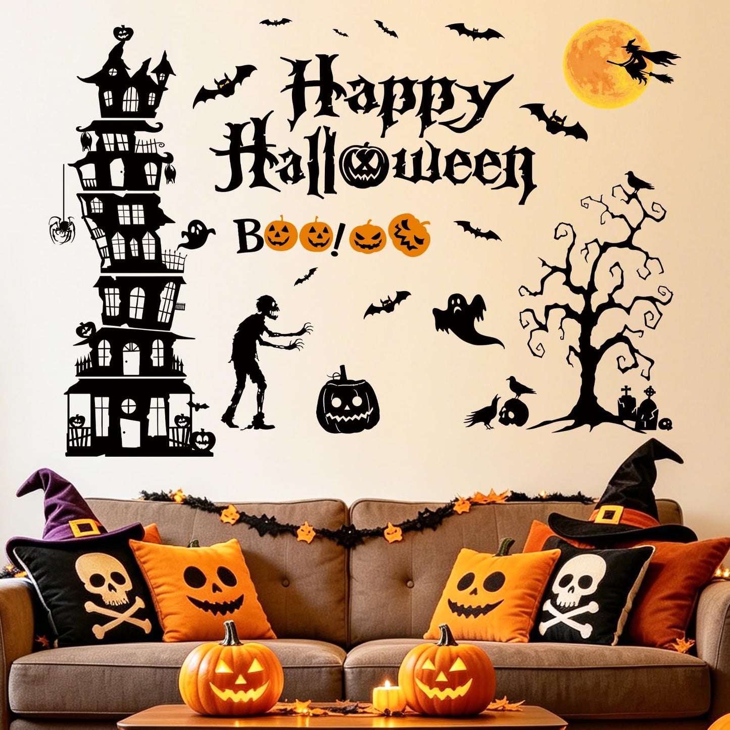 SHUCHING Halloween Castle Ghost Wall Decal, Bat Pumpkin Wall Sticker