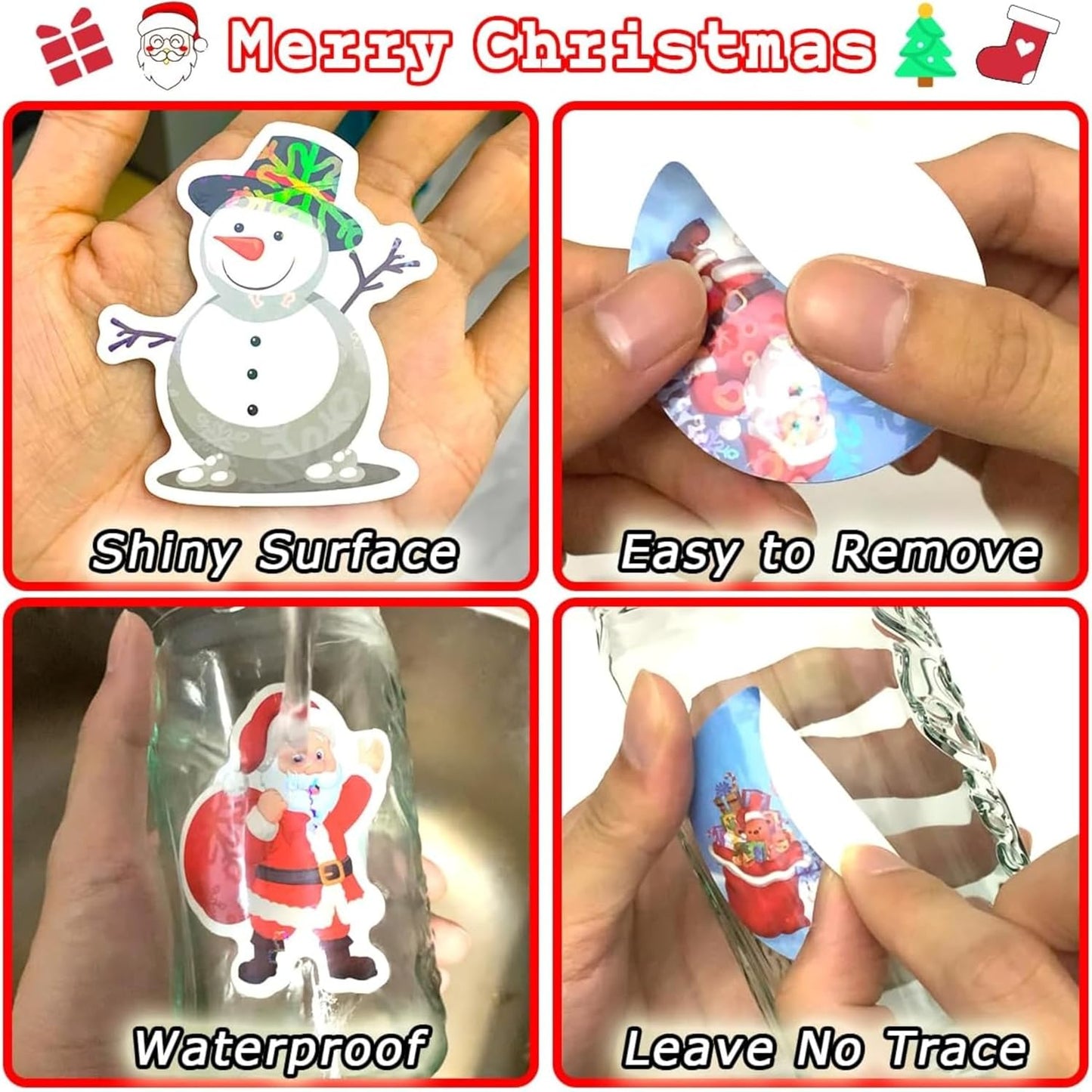 100 Non-Repeating Glitter Christmas Stickers, Assorted Vinyl Waterproof Holographic Winter Holiday Stickers for Christmas Decorations Envelopes Cards Sealing Craft Party Favors