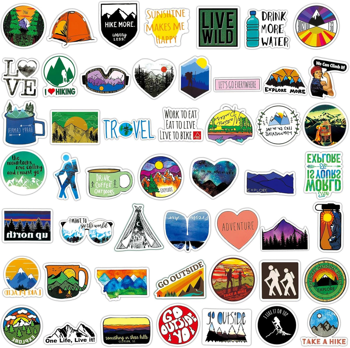 100 PCS Outdoor Camping Travel Stickers, Nature Scenic Sticker Packs Hiking Mountain Wildlife Adventure Decals for Men, Vinyl Waterproof Sticker for Water Bottles Luggage Suitcases Bike Kayak Camping