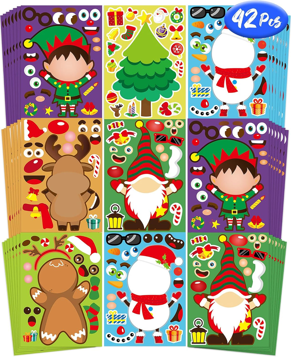 Oomloid 42 Sheets Christmas Party Favor Stickers for Kids, Christmas Goodie Bag Stocking Stuffers Face Stickers, Gifts Games Activities Holiday Sticker Crafts for Kids