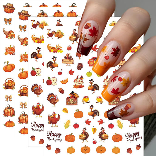 4 Sheets Thanksgiving Nail Stickers, Fun Party Props Dessert Turkey Decals