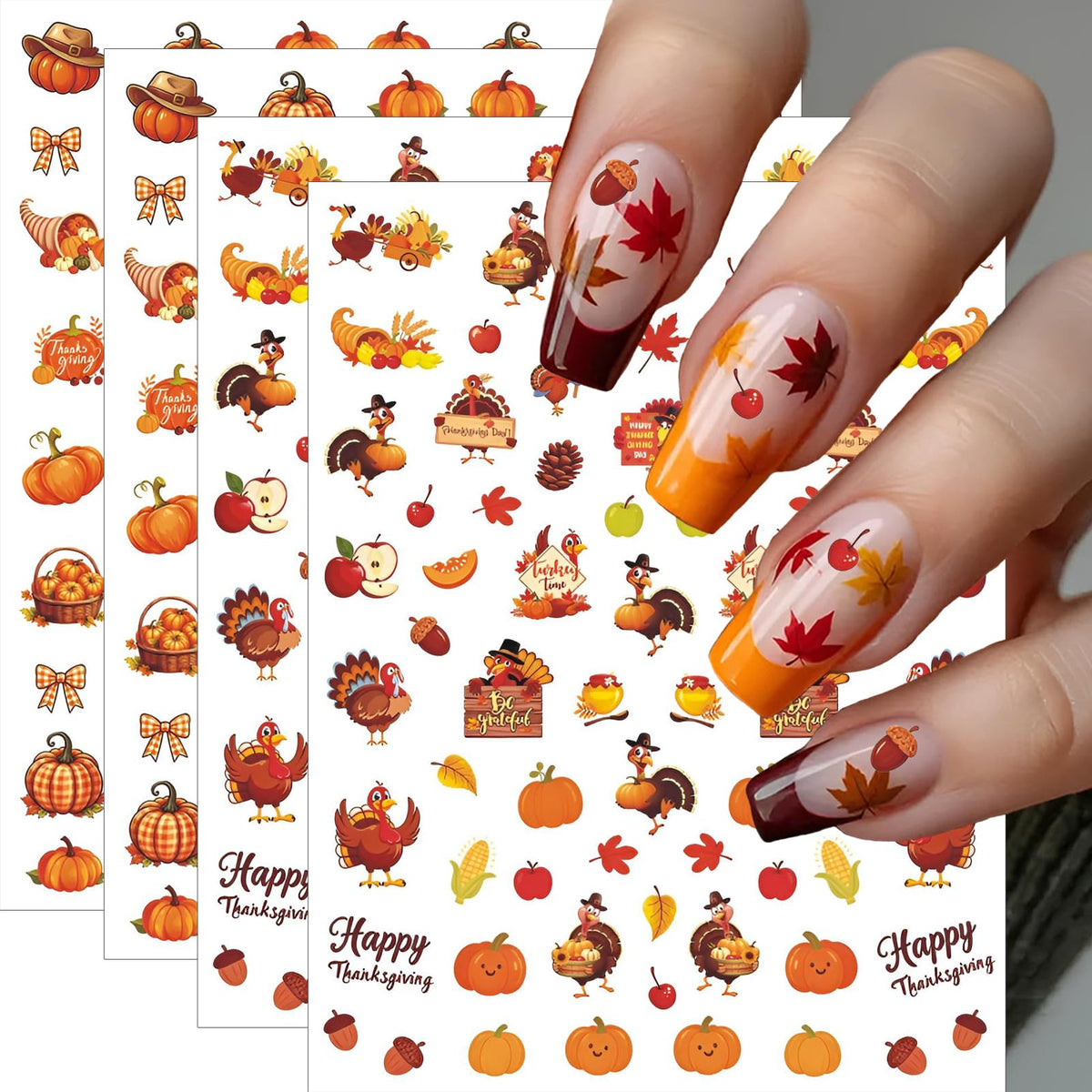 4 Sheets Thanksgiving Nail Stickers, Fun Party Props Dessert Turkey Decals