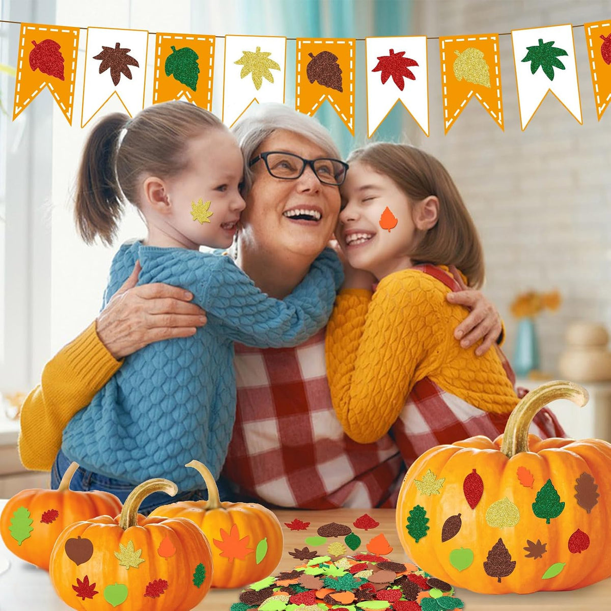 JULBEAR 300Pcs Fall Leaf Foam Stickers for Kids Autumn Thanksgiving Crafts