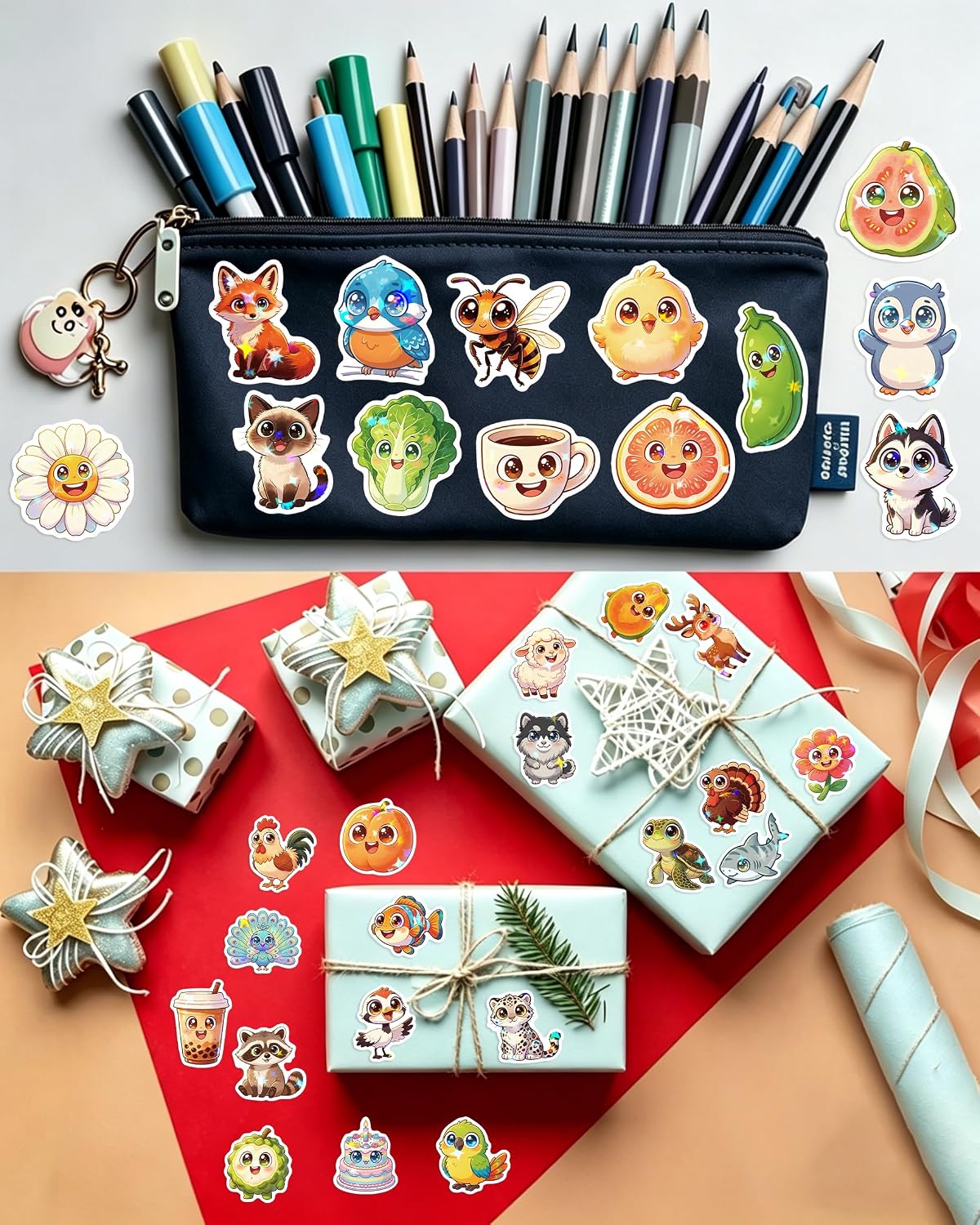 200PCS Cute Big Eye Stickers for Kids, Waterproof Kawaii Mixed All Big Eye Animal Plant and Food Vinyl Scrapbook Stickers for Water Bottle, Stationery, Luggage, Kids Party Essentials