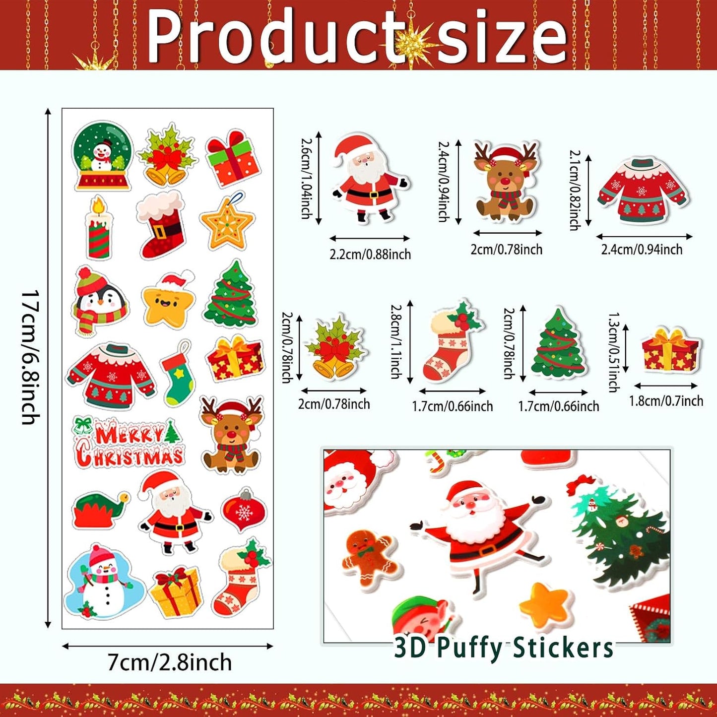 UPINS 12 Sheets Christmas Holiday Stickers 3D Puffy Foam Decals