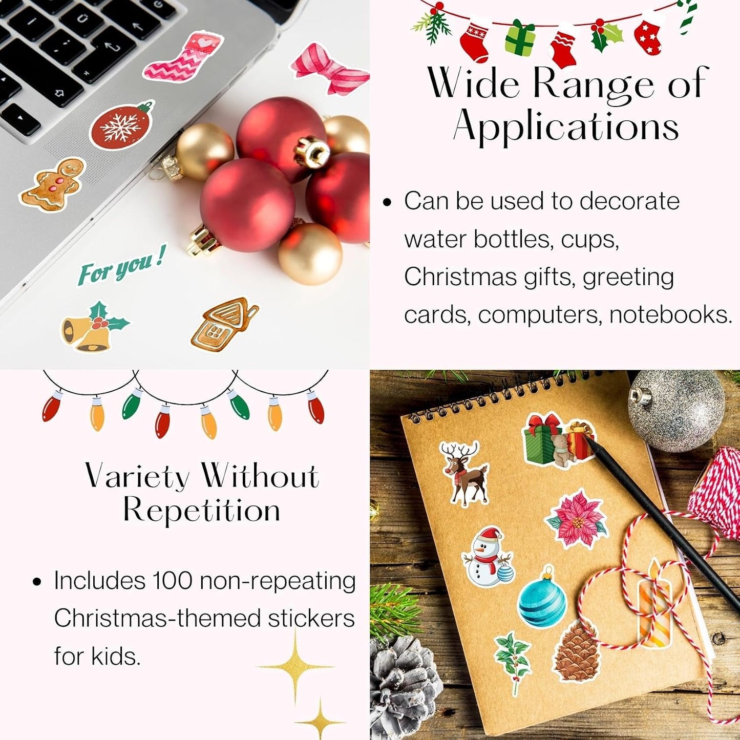 100PCS Christmas Theme Stickers, Vinyl Waterproof Holiday Stickers for Kids