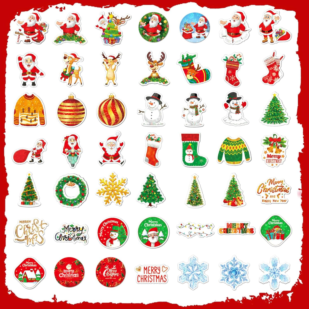 100 Non-Repeating Glitter Christmas Stickers, Assorted Vinyl Waterproof Holographic Winter Holiday Stickers for Christmas Decorations Envelopes Cards Sealing Craft Party Favors