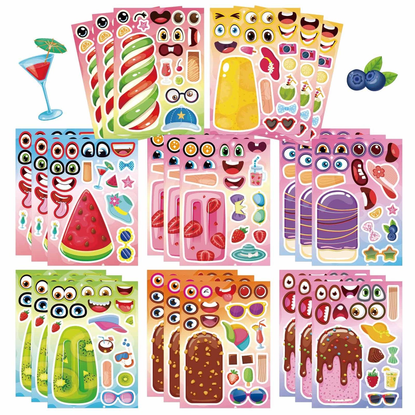 24PCS Summer Stickers for Kids, Make-a-face Stickers, Make Your Own Sticker