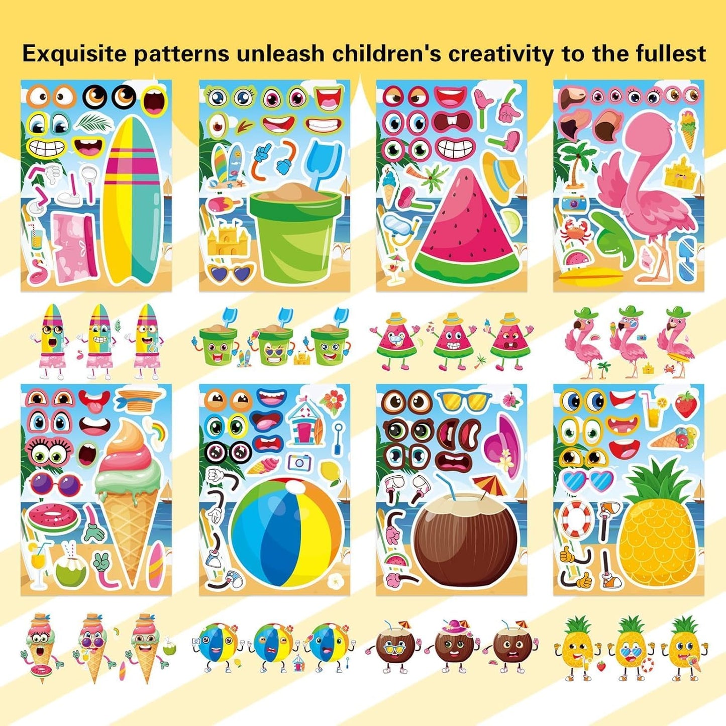 32 Sheets Summer Stickers for Kids, Make a Face Sticker Hawaii Tropical Pool Beach Stickers, Make Your Own Watermelon Pineapple Flamingo Sticker for Tropical Luau Party, Summer Holiday Party Favors