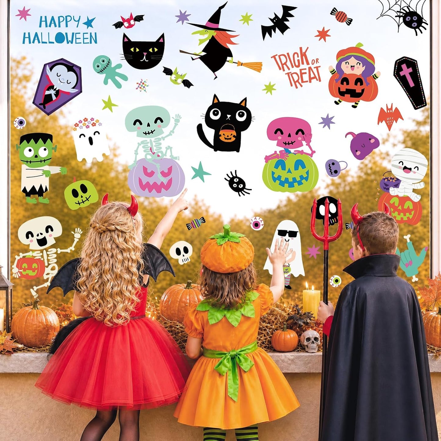 9 Sheet Halloween Window Clings for Kids, Ghost Skeleton Bat Stickers Decor