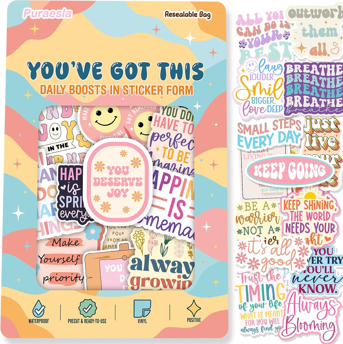 You've Got this By Puraesla - 300Pcs Holographic Positive Affirmation Sticker Pack, motivational quotes Mental Health Boost decor for Water Bottles, Journalds, Notebooks,daily positivity for self care