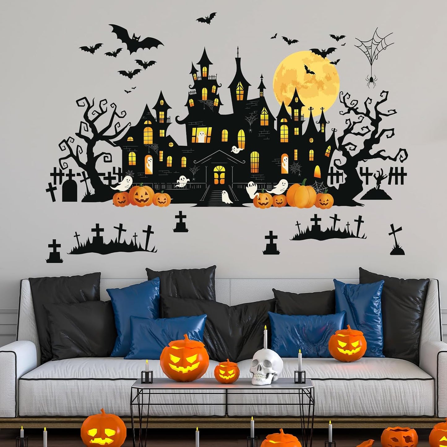 SHUCHING Halloween Black Castle Wall Decal, Bat Pumpkin Wall Sticker