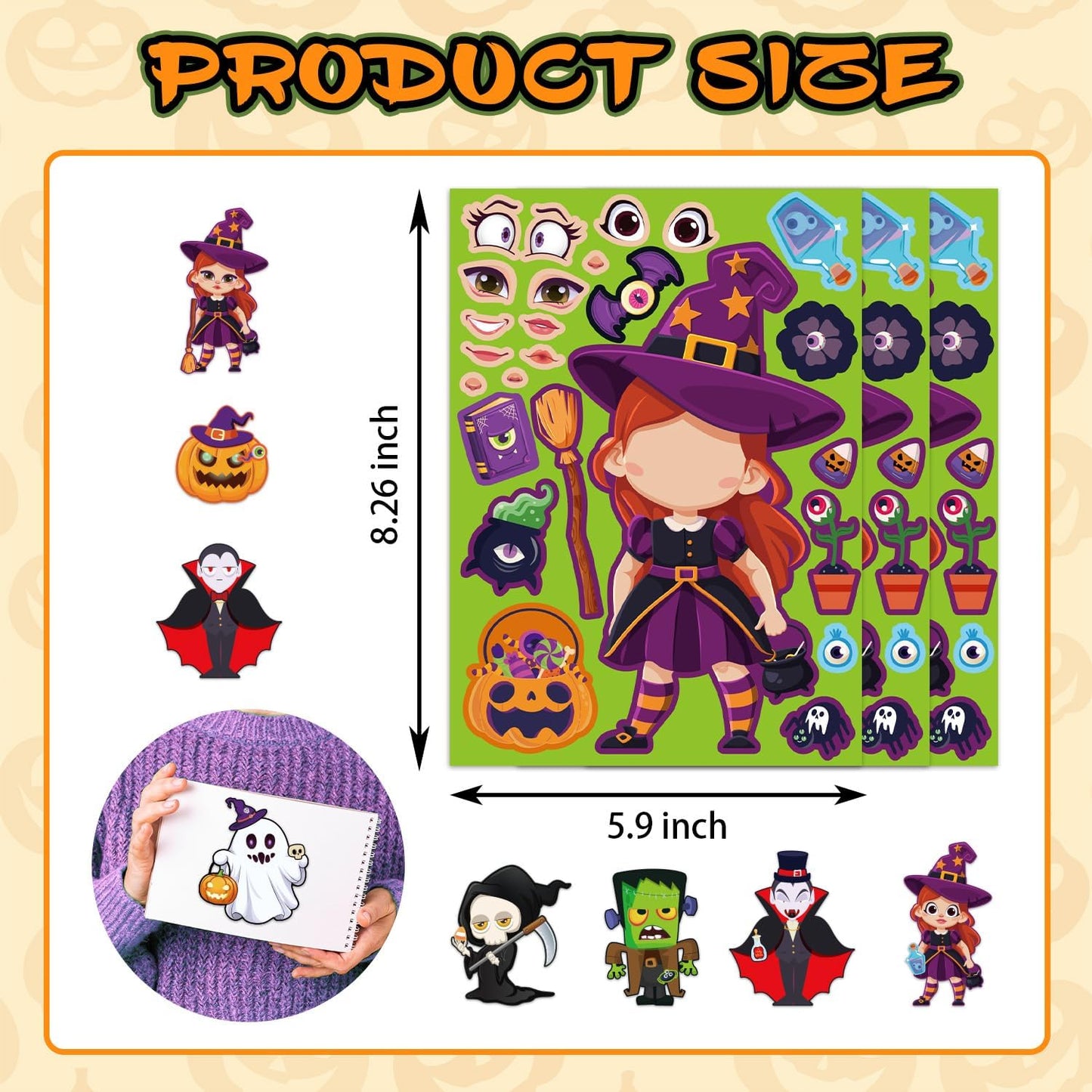 Halloween Stickers for Crafts, Make A Face Sticker, 24 Sheets