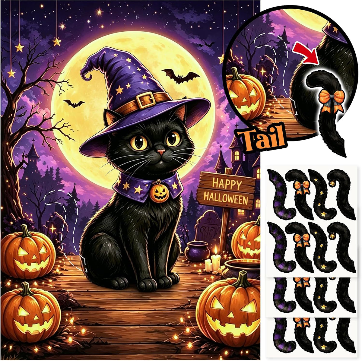 Halloween Pin the Tail On the Black Cat Party Game Poster for Kids
