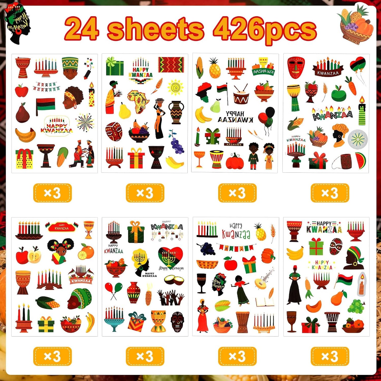 Kwanzaa Stickers, 426 PCS Happy Kwanzaa Stickers, 24 Sheets Self-Adhesive African American Festival Holiday Sticker Crafted Decals for Scrapbooking Activity Decorations Party Favors