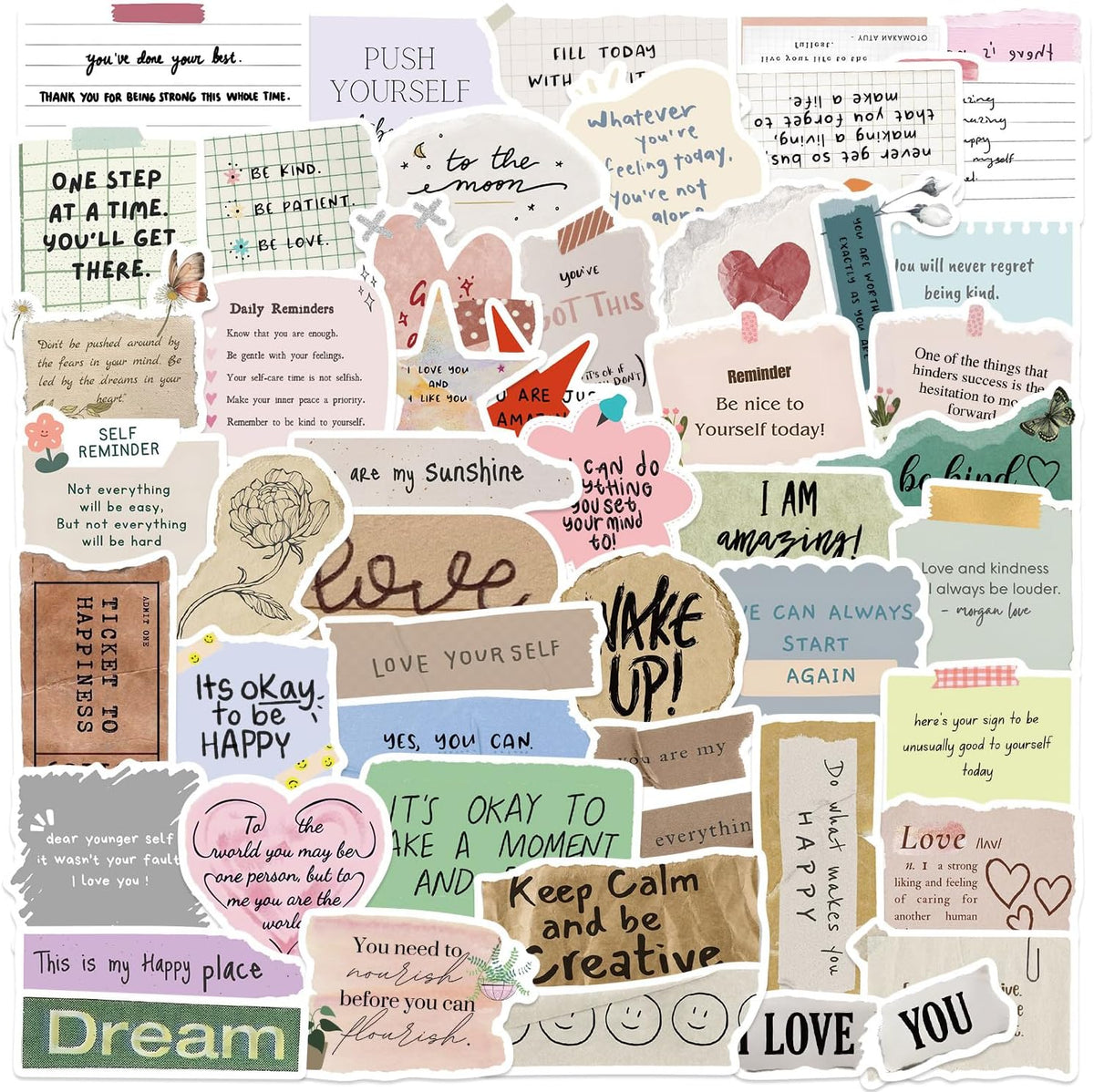 50PCS Aesthetic Positive Quote Stickers, Waterproof Vinyl Motivational Text Decals for Scrapbooking, Journaling, Water Bottles, Laptops, Envelopes, Inspirational Self-Love Stickers for Women