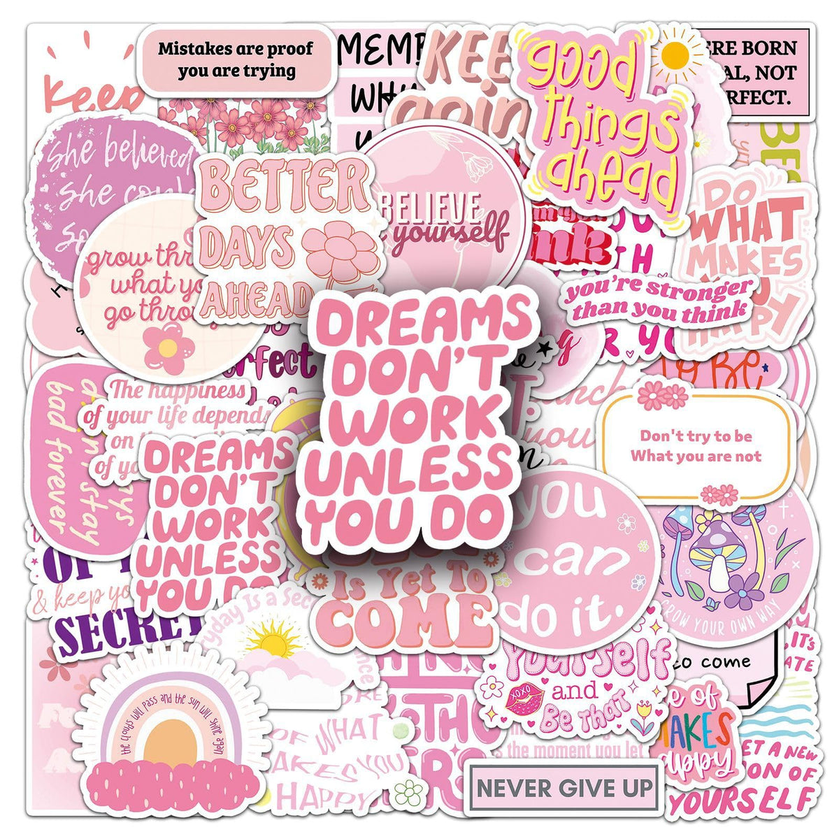 50pcs Pink Motivational Stickers for Girl, Positive Quote Waterproof Vinyl Decal for Kids Adult Teen Laptop Skateboard Water Bottle Phone Notebook Guitar(Pink Inspirational Words)