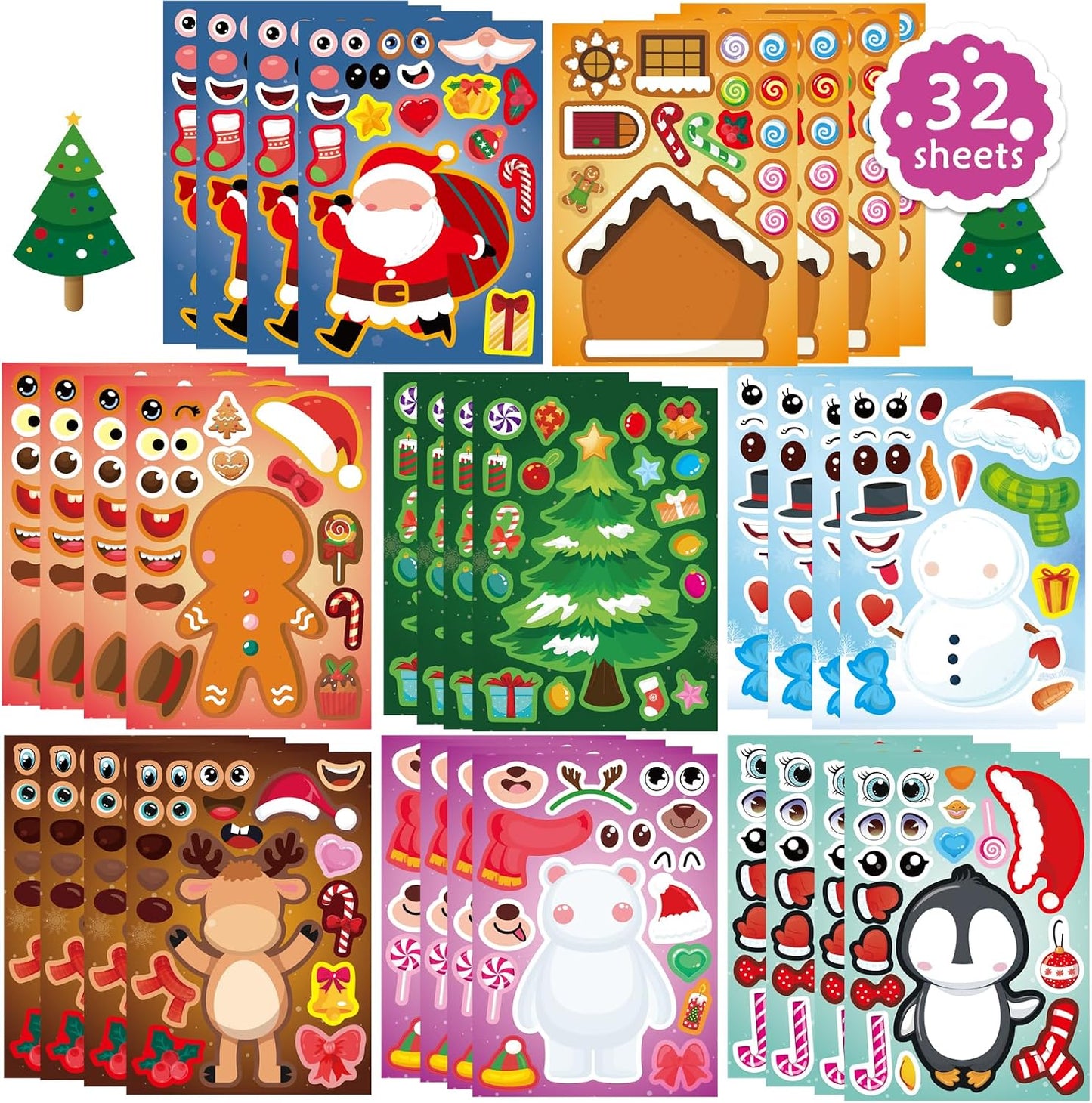 Christmas Face Stickers for Kids and Adults Cute Merry Christmas Party Stickers Bulk for Pumpkins and Water Bottles Santa Claus Deer Snowman Holiday Party Favor Supplies Art Craft Gifts