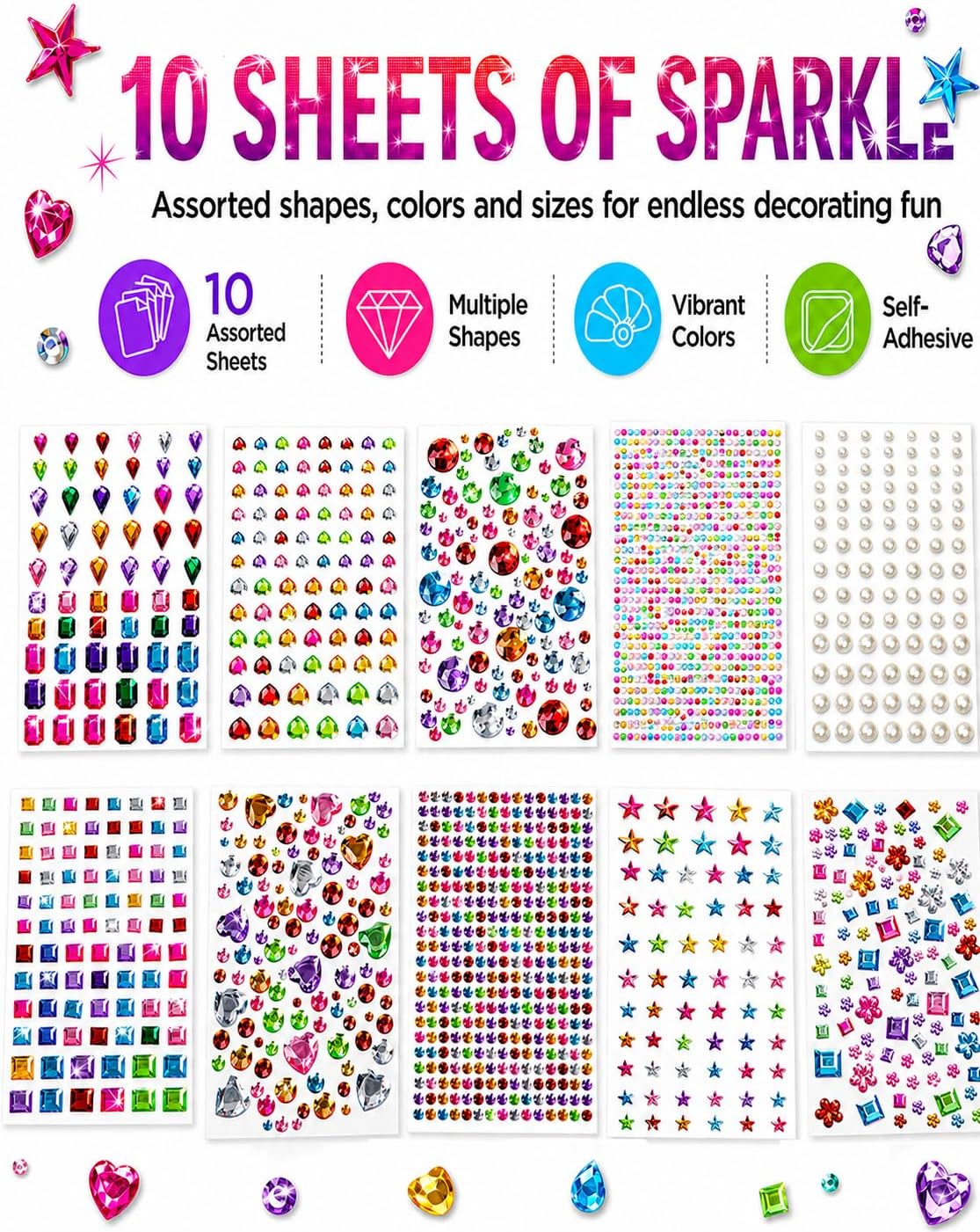 3062Pcs Gem Stickers-Self-Adhesive Face Jewelry Stickers, Acrylic Gems DIY Crafts, Sparkling Heart-Shaped Rhinestone, for Party & Holiday Supplies