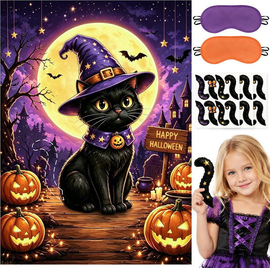 Halloween Pin the Tail On the Black Cat Party Game Poster for Kids