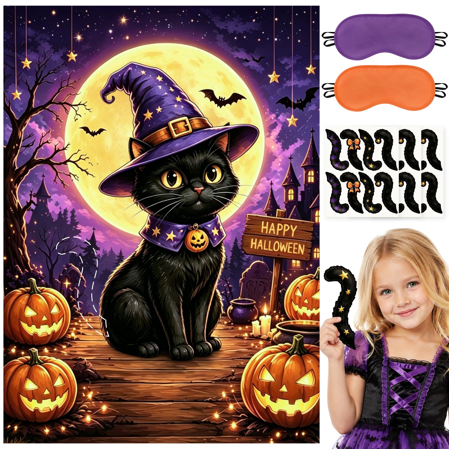 Halloween Pin the Tail On the Black Cat Party Game Poster for Kids