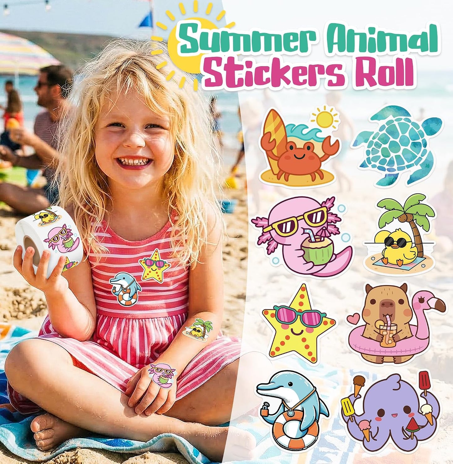 500Pcs Summer Animal Stickers Roll Cute Cartoon Capybara Sea Trutle Self Adhesive Labels Teacher Rewards Scrapbooking Envelope Seals Hawaiian Tropical Holiday Party Favors DIY Crafts Gifts for Kids
