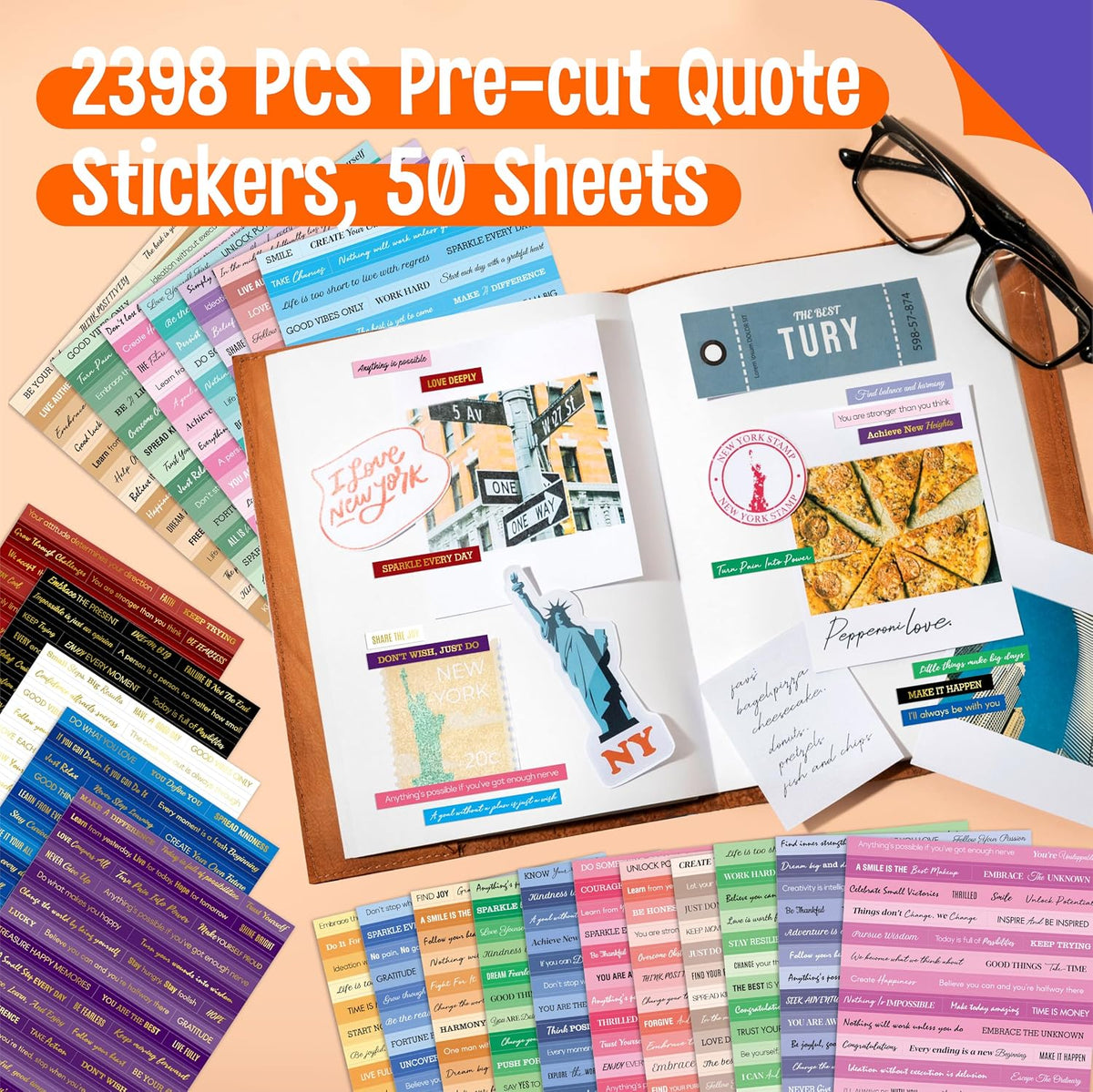 2398PCS Quote Stickers, Gold Foil Word Phrase Stickers for Junk Journal, Pre-Cut Motivational Inspirational Small Talk Labels for Scrapbook, DIY Craft Card Making (50 Sheets)