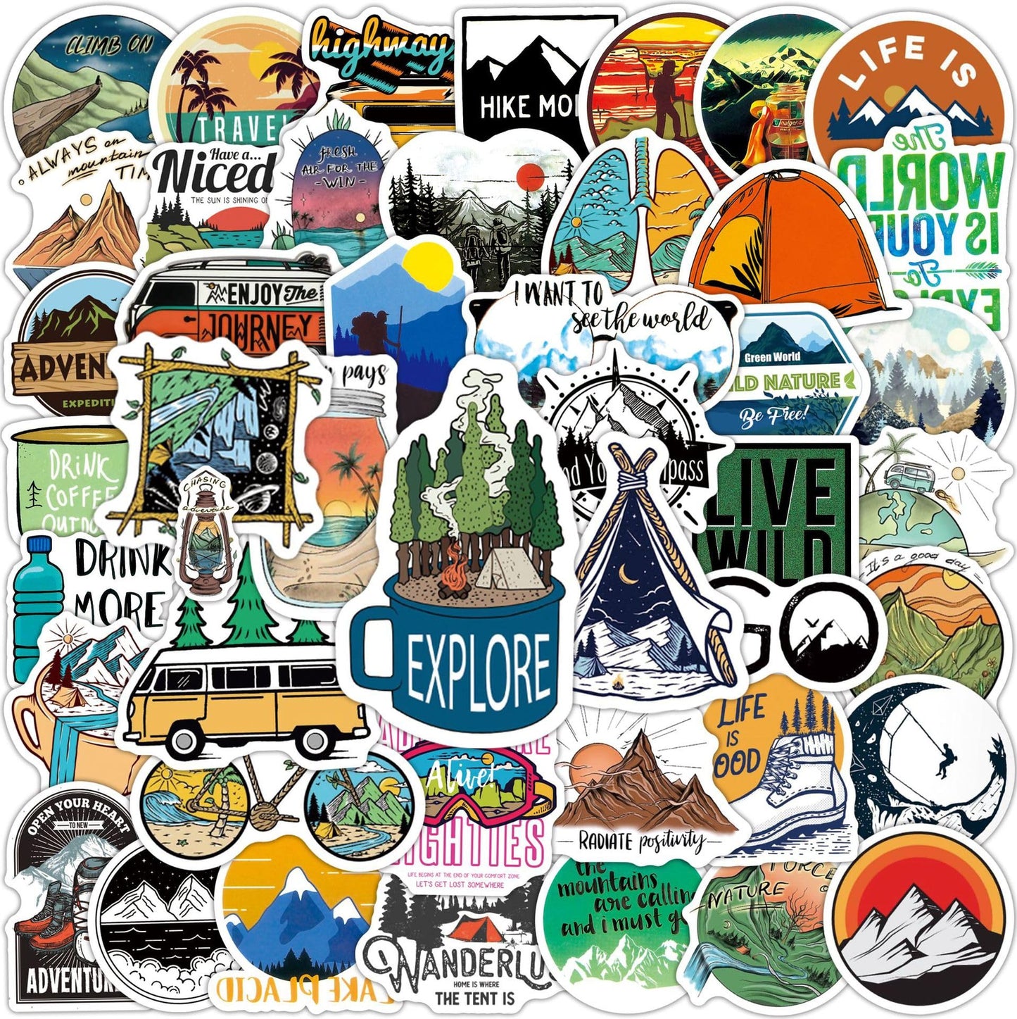 100 PCS Outdoor Camping Travel Stickers, Nature Scenic Sticker Packs Hiking Mountain Wildlife Adventure Decals for Men, Vinyl Waterproof Sticker for Water Bottles Luggage Suitcases Bike Kayak Camping