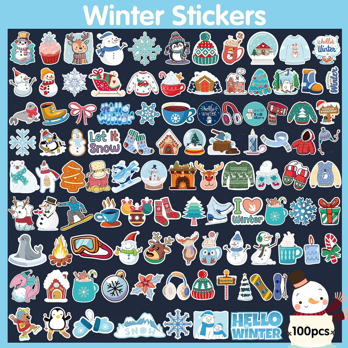 OHOME Winter Stickers | 100 PCS Snowflake Stickers for Kids - Vinyl Winter Games Toys Gifts Activities Party Favors Supplies - Snowman Crafts Bulk for Classroom Home