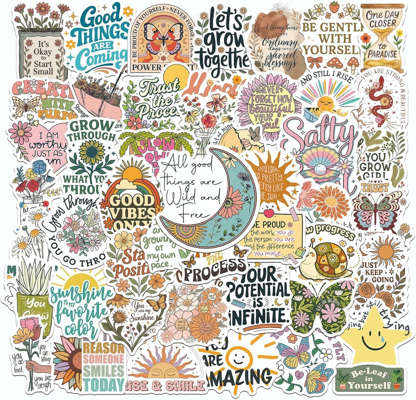 50pcs Flower Motivational Stickers, Motivational Quote Sticker for Water Bottle Adults Women TeenStickers, Vinyl Positive Stickers Decals for Laptop Journal Computer Phone Case(Colourful-P7)