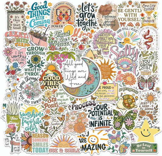 50pcs Flower Motivational Stickers, Motivational Quote Sticker for Water Bottle Adults Women TeenStickers, Vinyl Positive Stickers Decals for Laptop Journal Computer Phone Case(Colourful-P7)