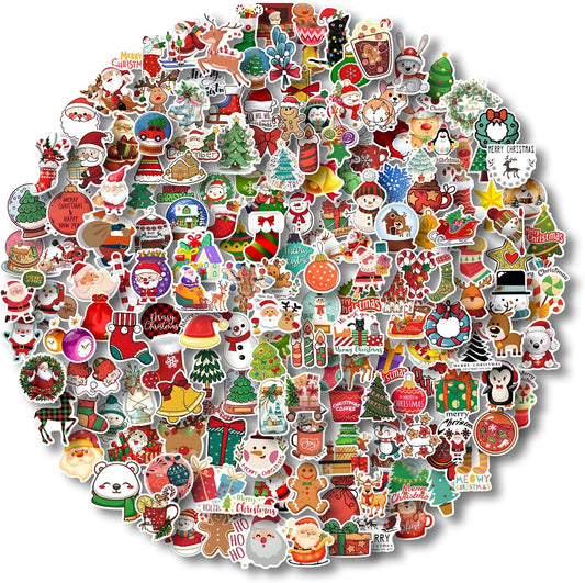 AOWDIAO 200 Pcs Cute Christmas Vinyl Stickers for Water Bottles, Scrapbooking & Crafts – Fun Holiday Party Favors, Xmas Gifts for Kids & Adults