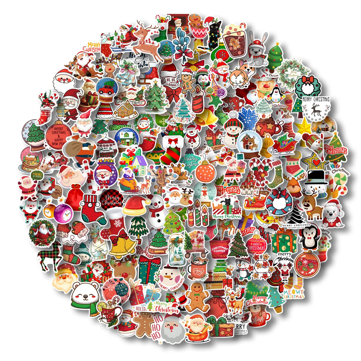 AOWDIAO 200 Pcs Cute Christmas Vinyl Stickers for Water Bottles, Scrapbooking & Crafts – Fun Holiday Party Favors, Xmas Gifts for Kids & Adults
