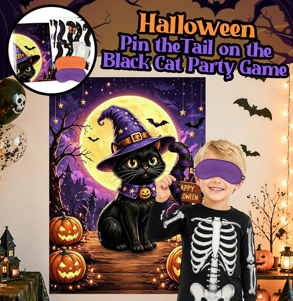 Halloween Pin the Tail On the Black Cat Party Game Poster for Kids