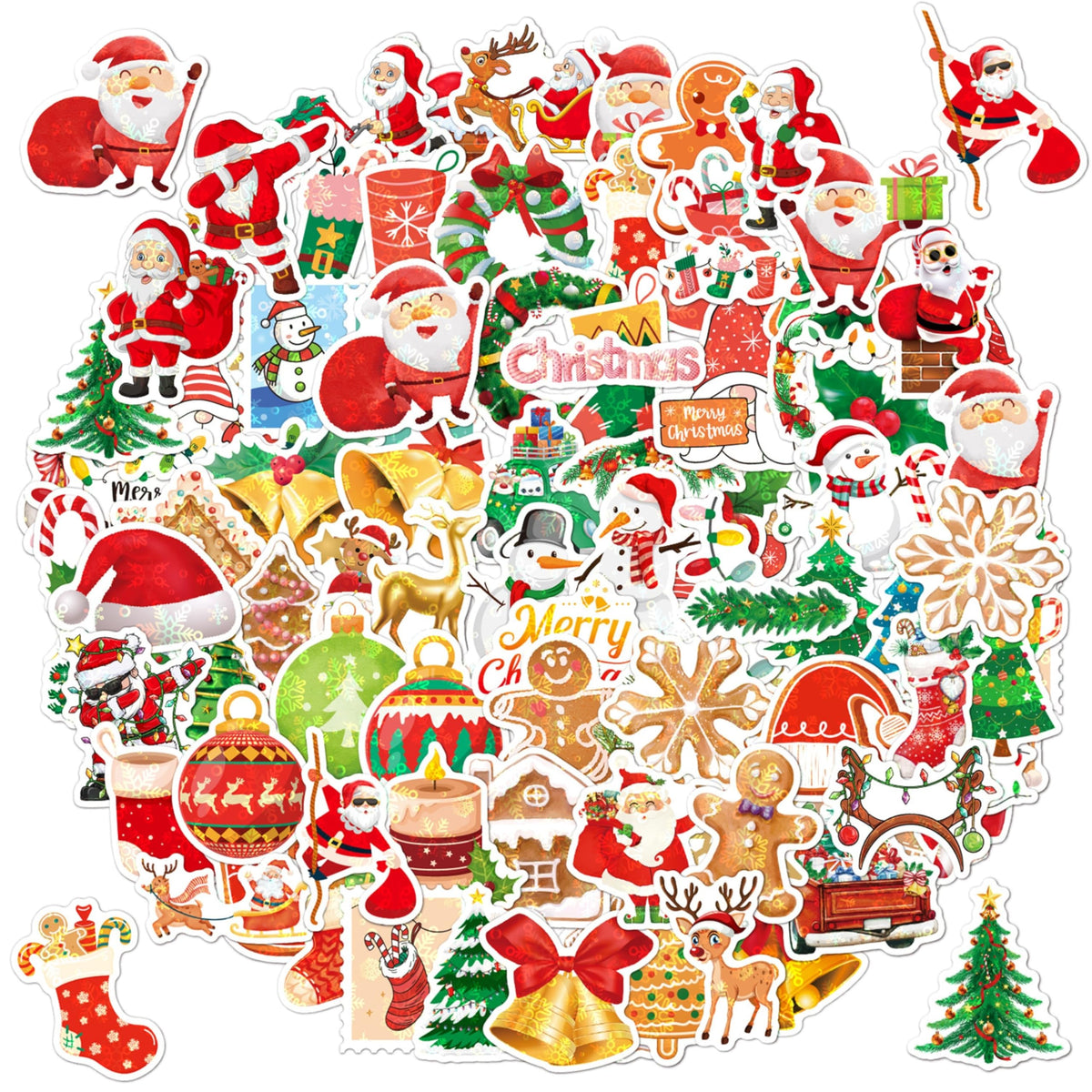 100 Non-Repeating Glitter Christmas Stickers, Assorted Vinyl Waterproof Holographic Winter Holiday Stickers for Christmas Decorations Envelopes Cards Sealing Craft Party Favors
